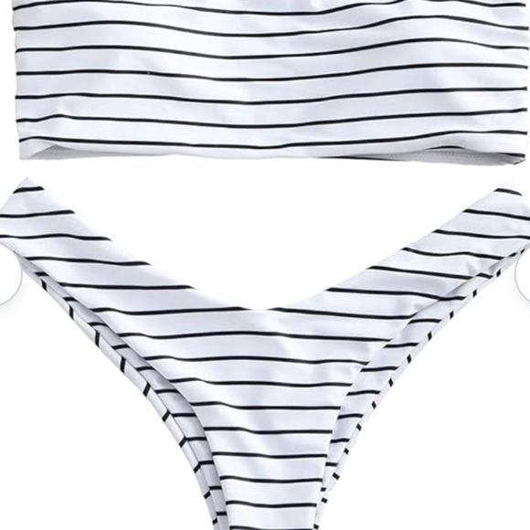 Zaful white/ Black Striped Bandeau High cut Cheeky Bikini   Size M - Picture 14 of 14